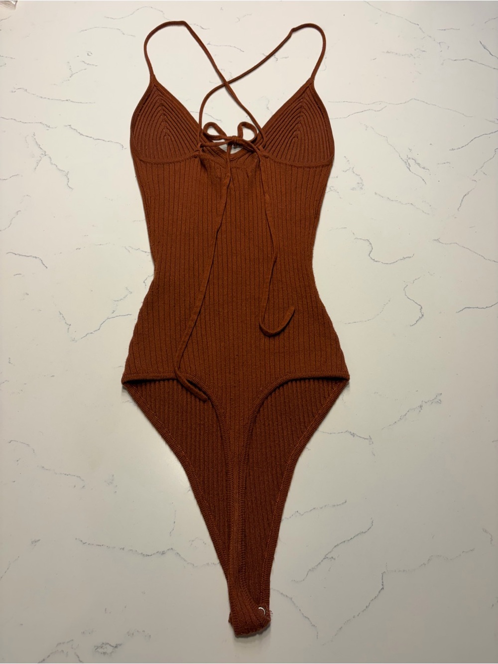 Abercrombie & Fitch Ribbed Rust-Brown Strappy Bodysuit - Picture 3 of 4